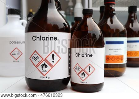 Chlorine, Hazardous Chemicals And Symbols On Containers, Chemical In Industry Or Laboratory