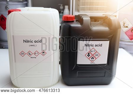 Nitric Acid, Hazardous Chemicals And Symbols On Containers, Chemical In Industry Or Laboratory