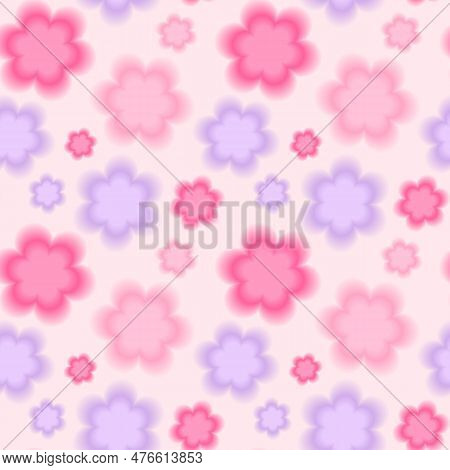 Trendy Seamless Pattern With Y2k Blurred Gradient Pastel Daisy Flower On Pink Background. Abstract G
