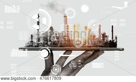 Future Factory Plant And Inventive Energy Industry Concept In Creative Graphic Design. Oil, Gas And 