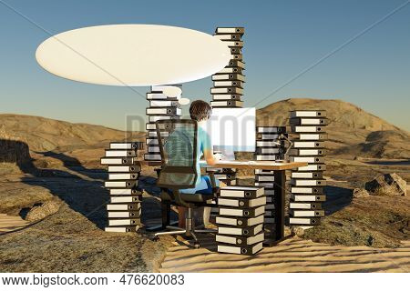 Man Sitting At Pc Office Workplace In Desert Environment With Huge Stacks Of Binders And Cloud Over 
