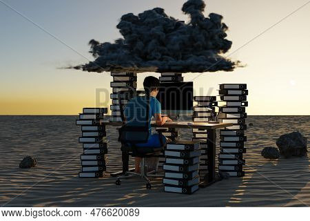 Man Sitting At Pc Office Workplace In Desert Environment With Huge Stacks Of Binders And Cloud Over 
