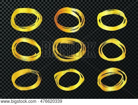 Circle Drawn With A Gold Marker. Set Of Doodle Style Various Scribble Circles. Gold Hand Drawn Desig