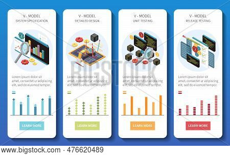 V Model Software Development Isometric Set Of Vertical Banners With Code And Gear Icons Clickable Bu