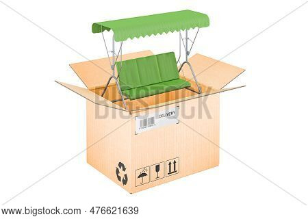 Garden Swing Inside Cardboard Box, Delivery Concept, 3d Rendering Isolated On White Background