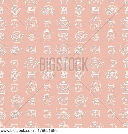Doodle Teapot, Cups And Mugs Cozy Seamless Pattern. Perfect Print For Tea Towel, Dishcloth, Statione