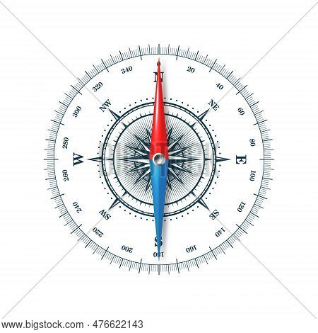 Marine Compass, Nautical Wind Rose With Cardinal Directions Of North, East, South, West And Degree M