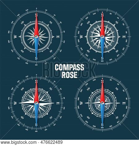 Marine Compass, Nautical Wind Rose With Cardinal Directions Of North, East, South, West And Degree M