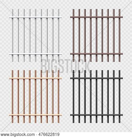 Various Shiny Metal Prison Bars Collection. Realistic Detailed Jail Cage, Prison Iron Fence. Crimina