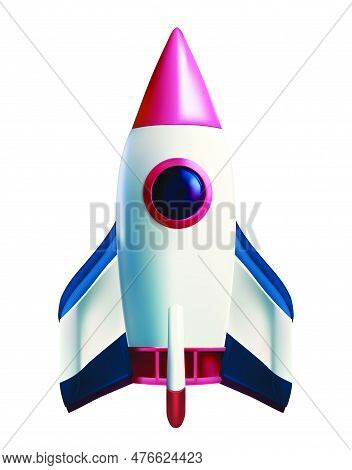 3d Cartoon Style Minimal Spaceship Rocket Icon White Background . Toy Rocket Upswing , For Start Up 