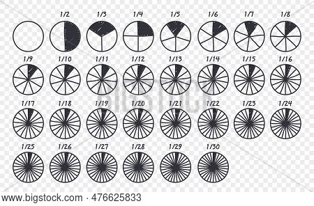 Hand Drawn Circles Divided Into Parts From 1 To 30. Doodle Outline Round Chart For Infographic, Pie