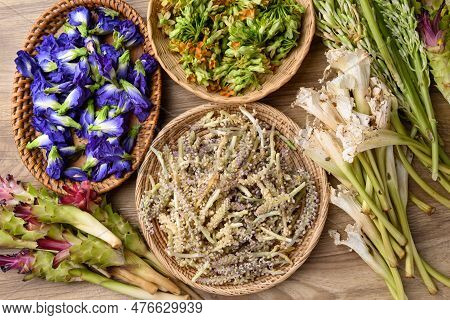 Thai Edible Flowers From Organic Local Farmers Market In Northern Of Thailand, Sustainability Concep