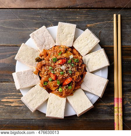 Korean Food, Tofu And Stir Fried Kimchi With Pork (dubu Kimchi), Table Top View