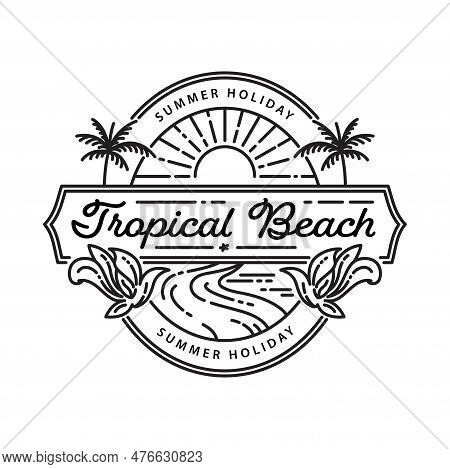 Tropical Beach And Palm Tree Logo Line Art Vector Illustration Icon Graphic Design Template. Tropica