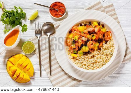 Caribbean Grilled Shrimps With Black Beans, Mango Pineapple Salsa Served With Brown Rice In White Bo