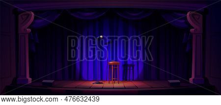 Comedy Show Stage With Curtain Vector Background. Spotlight On Concert Scene For Standup With Microp