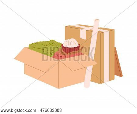 Cardboard Boxes With Household Stuff Ready For House Moving, Vector Isolated.