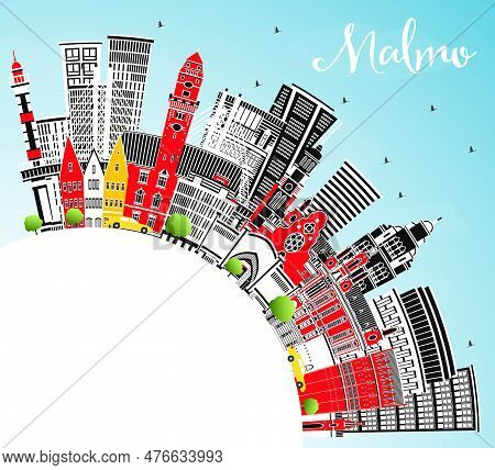 Malmo Sweden City Skyline With Color Buildings, Blue Sky And Copy Space. Vector Illustration. Malmo 