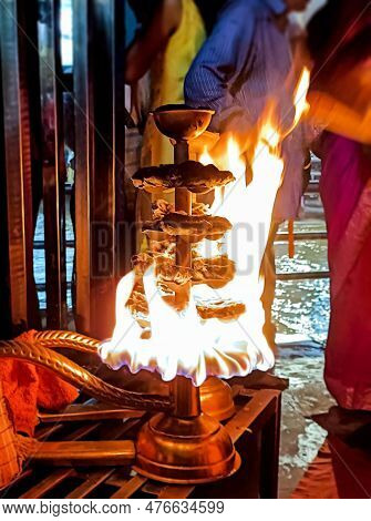 A Closeup Of Big Diya Lit During Aarti In Haridwar
