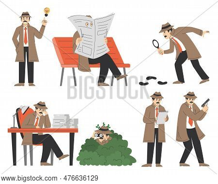 Detective Set Vector Isolated. Illustration Of Male Character Investigating Crime. Spy In Coat With 