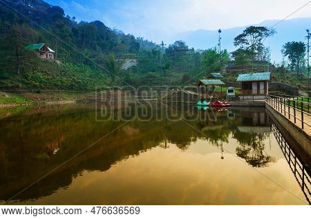 Boating Spot Of Chayatal Or Chaya Taal, West Sikkim, India. Famous For Reflection Of Snow-capped Mou