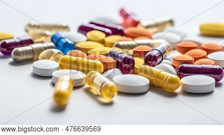 Medicine Drug Pills. Various Color Medical Capsule Vitamin Prebiotic Mix. Cure Prescription Doctor T