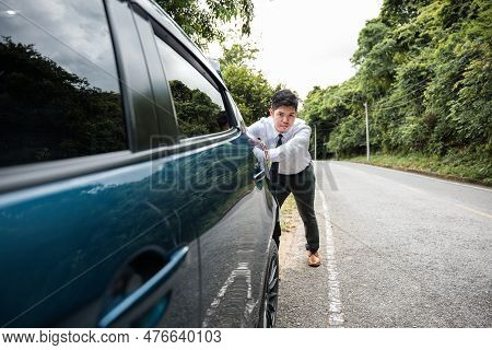 Asian Businessman Car Broken Has Problems With Car Down During Go To Work In Morning He Pushing Out 