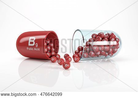 3d Rendering Of A Vitamin Capsule With Vitamin B9 - Folic Acid On White Reflecting Floor. - Dietary 