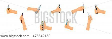Hand With Electronic Cigarette Simulating Tobacco Smoking Vector Set