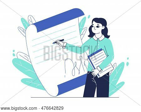 Business Contract Singing, Electronic Signature Concept. Female Office Character Sign Documents, Off
