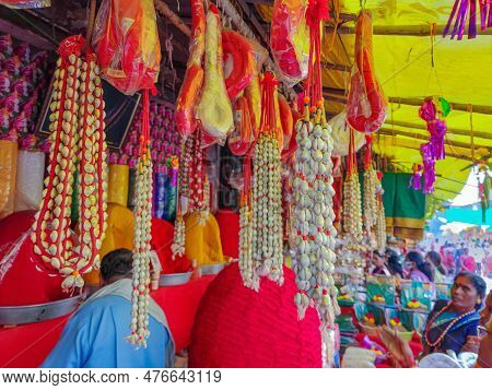 Tuljapur,india- October 28 2022;stock Photo Of Traditional Cowry Shell Garland Or Kawdyachi Mala Han