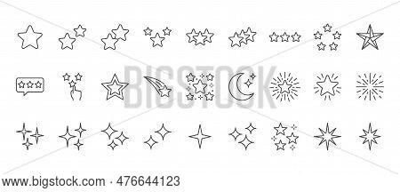 Stars Line Icons Set. Rank - Quality, Favorite, Bright Firework, Falling, Flash, Flickering, Shining