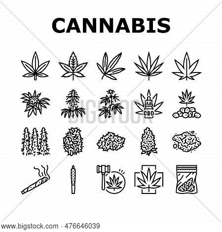 Cannabis Plant Leaf Weed Hemp Icons Set Vector. Marijuana Drug, Medical, Medicine Natural, Nature He