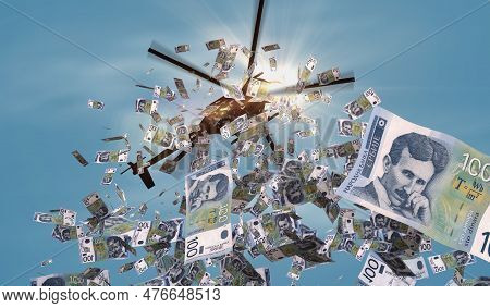 Serbia Dinar Banknotes Helicopter Money Dropping. Serbian Rsd 100 Notes Abstract 3d Concept Of Infla