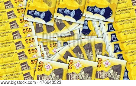 Brunei Dollar Banknotes In A Cash Fan Mosaic Pattern. Bnd 50 Money Notes. Abstract Concept Of Bank, 