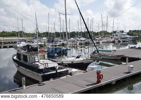 Johor Bahru, Malaysia- 28 Apr, 2023:  Yacht Are Docking At The Marina Bay In The Puteri Harbour Joho