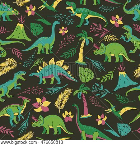 Seamless Pattern With Bright Dinosaurs And Green Plants Including T-rex, Brontosaurus, Triceratops, 