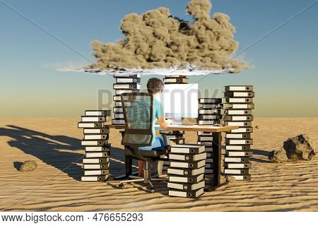 Man Sitting At Pc Office Workplace In Desert Environment With Huge Stacks Of Binders And Cloud Over 