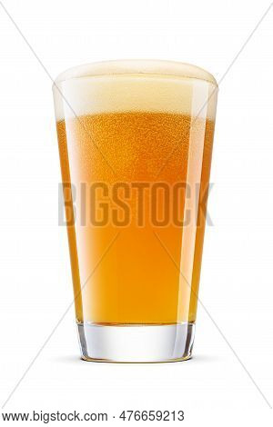 Shaker Pint Glass Of Fresh Frothy Yellow Wheat Unfiltered Beer With Cap Of Foam Isolated On White Ba