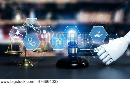 Ai Related Law Concept Shown By Robot Hand Using Lawyer Working Tools In Lawyers Office With Legal A