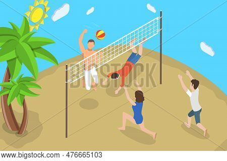 3d Isometric Flat Vector Conceptual Illustration Of Beach Volleyball, Outdoor Summer Activities