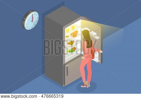 3d Isometric Flat Vector Conceptual Illustration Of Night Snack, Stress, Bad Unhealthy Habbit