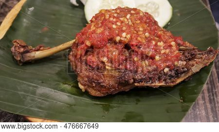 Fried Chicken With Balado Sauce And Some Veggie Made By Stir Frying Ground Red Hot Chili Pepper Incl