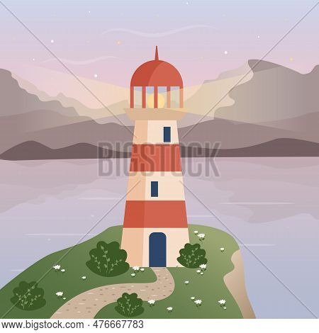 Red Lighthouse At Sunset Glows In The Evening On A Rock In The Sea, Flat Style Illustration