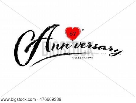 67 Years Anniversary Celebration Logo With Red Heart Vector, 67 Number Logo Design, 67th Birthday Lo