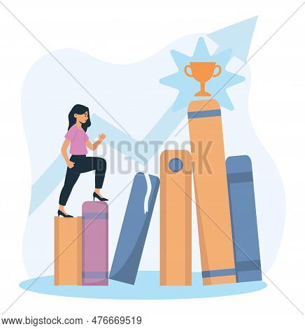 Achieve Goal Concept. Woman Rises By Books To Golden Goblet. Motivation And Leadership. Hard Working
