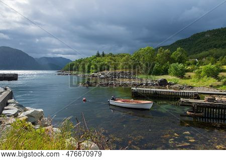 Sunny Norwegian Landscape. View Of The Route Of The Lauvvik - Oanes Ferry In Norway