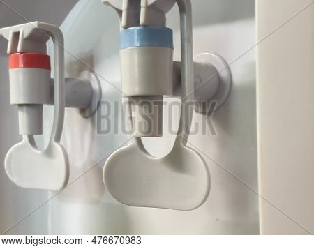Cooler For Potable Water Closeup Taps For Cold And Hot Water In Office Or Hospital