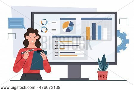 Woman Analyzing Concept. Young Girl Stands In Front Of Graphs And Diagrams. Marketing Research And E