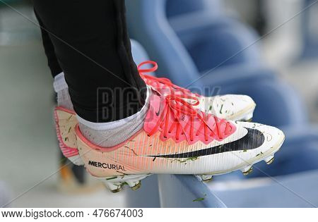 Berlin, Germany - May 12, 2023: Close-up Nike Mercurial  Football Boots On The Legs Of Unidentified 